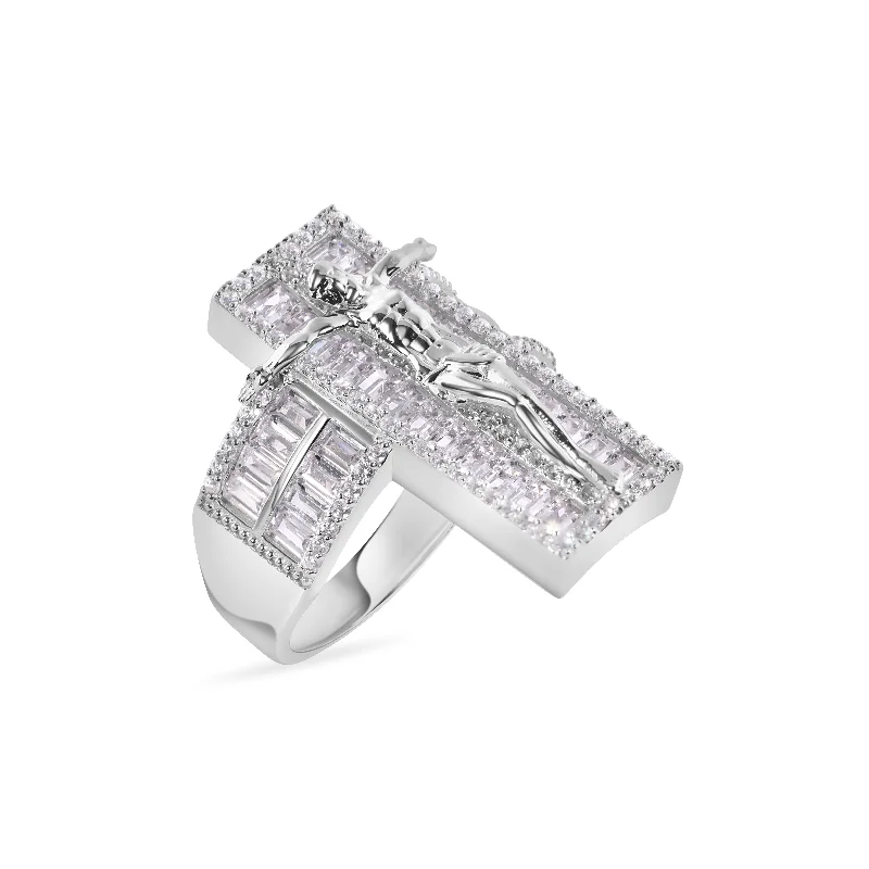 Ladies rings sapphire stones-Rhodium Plated 925 Sterling Silver Cross Baguette Cut Clear CZ 9.6mm Ring - GMR00380