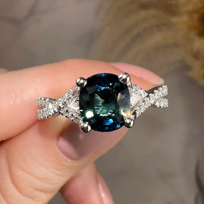 Ladies engagement rings marquise designs-"River" Teal Cushion Cut Sapphire Crossover Diamond Shoulders Engagement Ring