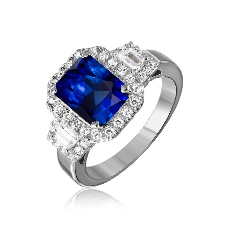 Ladies rings sister sets-Silver 925 Rhodium Plated Sapphire Emerald Cut Center CZ Stone Ring - GMR00101S