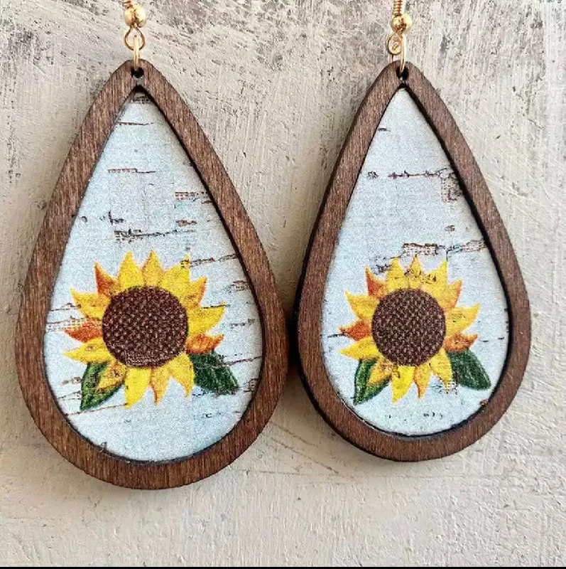 Ladies rings wedding accessories-Beautiful Wooden Sunflower Teardrop Earrings