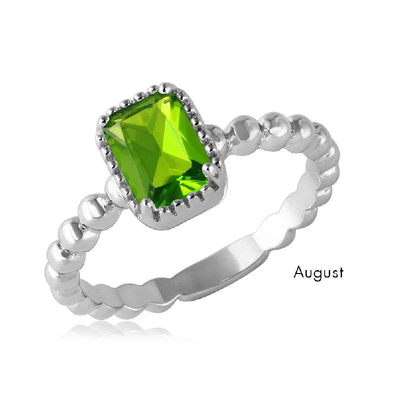 Ladies rings gold-plated-August Sterling Silver 925 Rhodium Plated Beaded Shank Square Center Birthstone Ring - BGR01081AUG