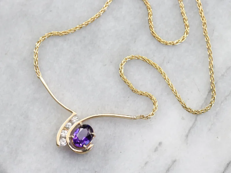 Modernist Amethyst Diamond Gold Necklace