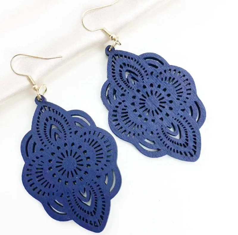 Ladies rings sister sets-Navy Blue Bohemian Hollow Out Drop Earrings