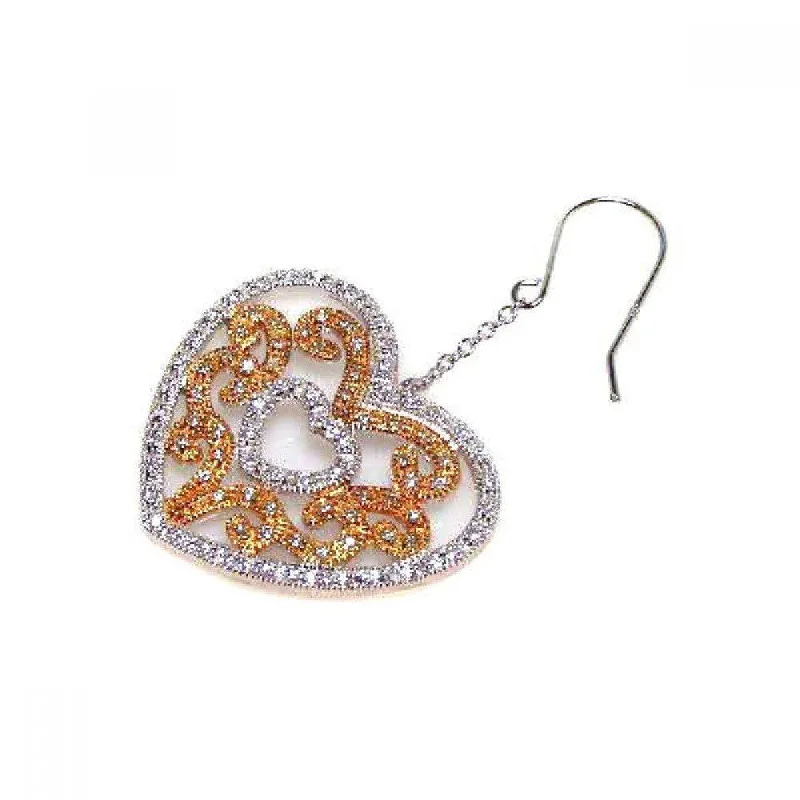 Ladies rings natural gems-Clearance-Silver 925 Rhodium Plated Clear Heart and Yellow Filigree CZ Wire Dangling Hook Earrings - STE00106