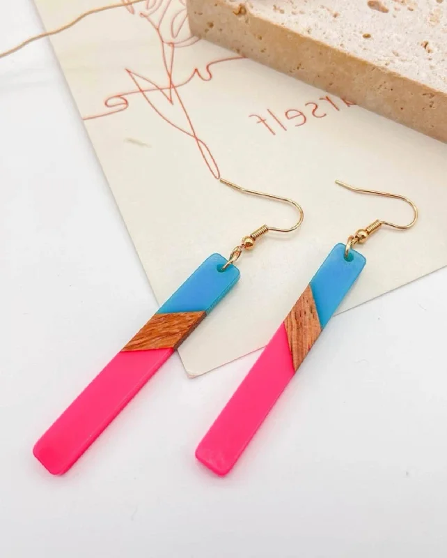 Ladies rings minimalist appeal-Turquoise and Hot Pink Resin and Wood Bar Earrings