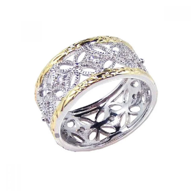 Ladies rings worldwide styles-Silver 925 Rhodium and Gold Plated Border CZ Flower Ring - STR00330