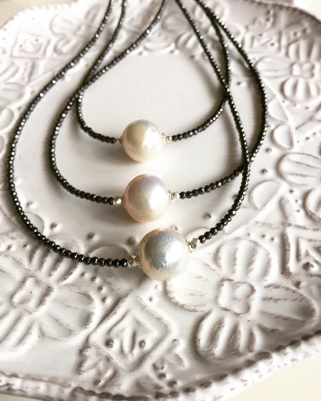 White Pearl With Hematite Or Blue Spinel Necklace