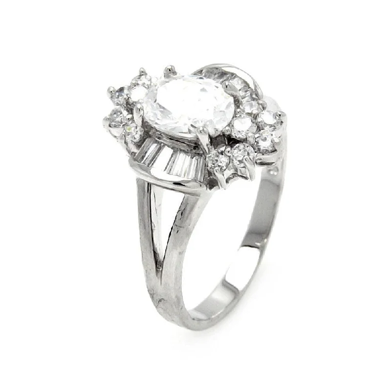 Ladies rings care advice-Silver 925 Rhodium Plated Clear Baguette Round Center CZ Flower Bridal Ring - BGR00400