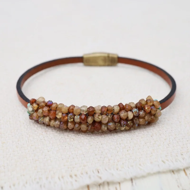 Ladies bracelets Christmas designs-Coated Sunstone & Turquoise on Tan Leather Bracelet