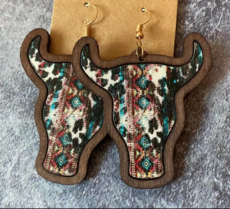 Ladies rings social media trends-Wooden Cow Drop Earrings