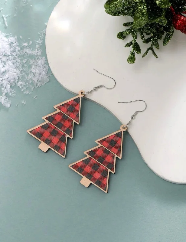 Ladies rings popular brands-Wooden Red Plaid Christmas Tree Earrings