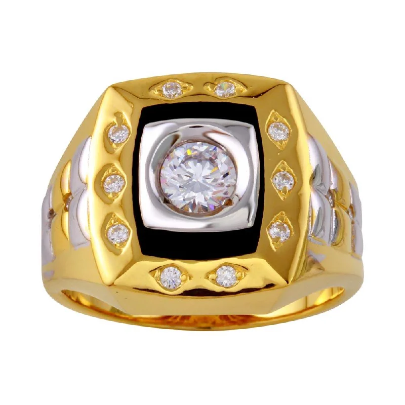 Ladies rings party wear-Three-Tone 925 Sterling Silver Square Ring with CZ - GMR00225GR