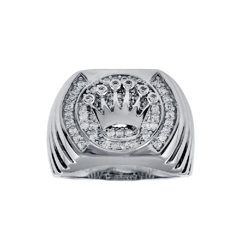 Ladies rings designer brands-Rhodium Plated 925 Sterling Silver Crown Disc Ring - GMR00313