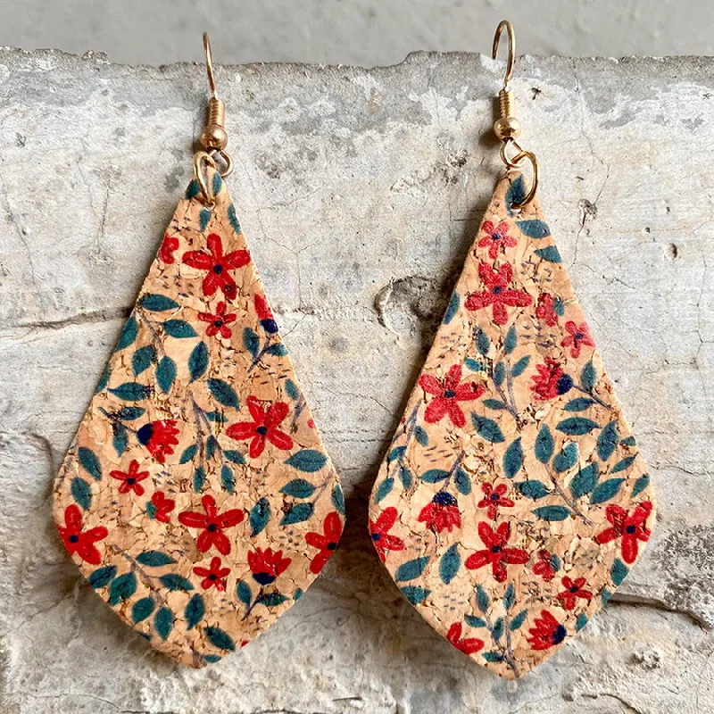 Ladies rings minimalist charm-Flower Leaf Print Cork Tear Drop Earrings