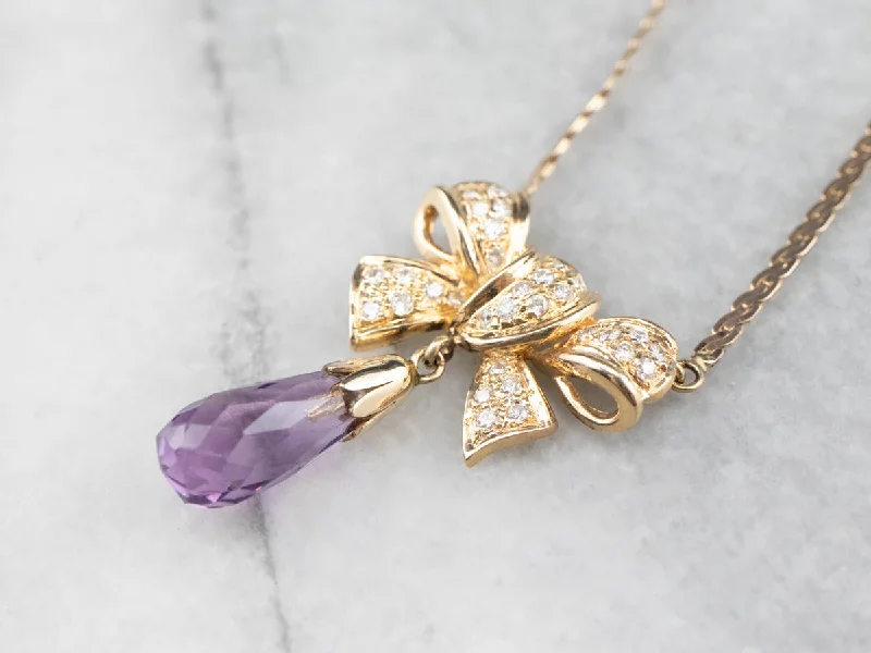 Gold Bow Amethyst and Diamond Necklace