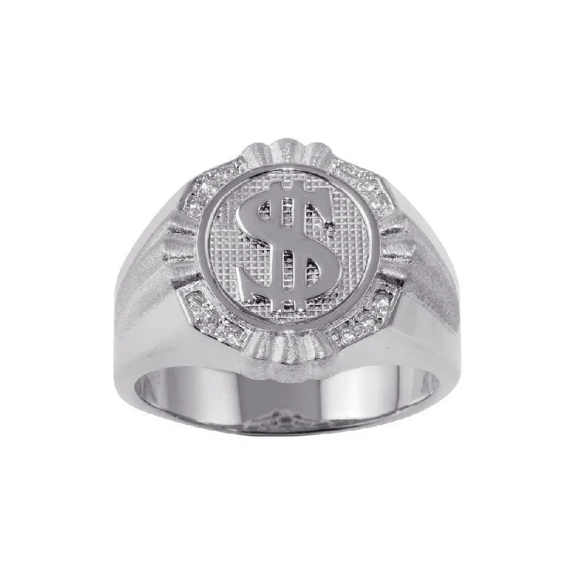 Ladies rings price options-Rhodium Plated 925 Sterling Silver Dollar Sign Ring with CZ - GMR00246RH