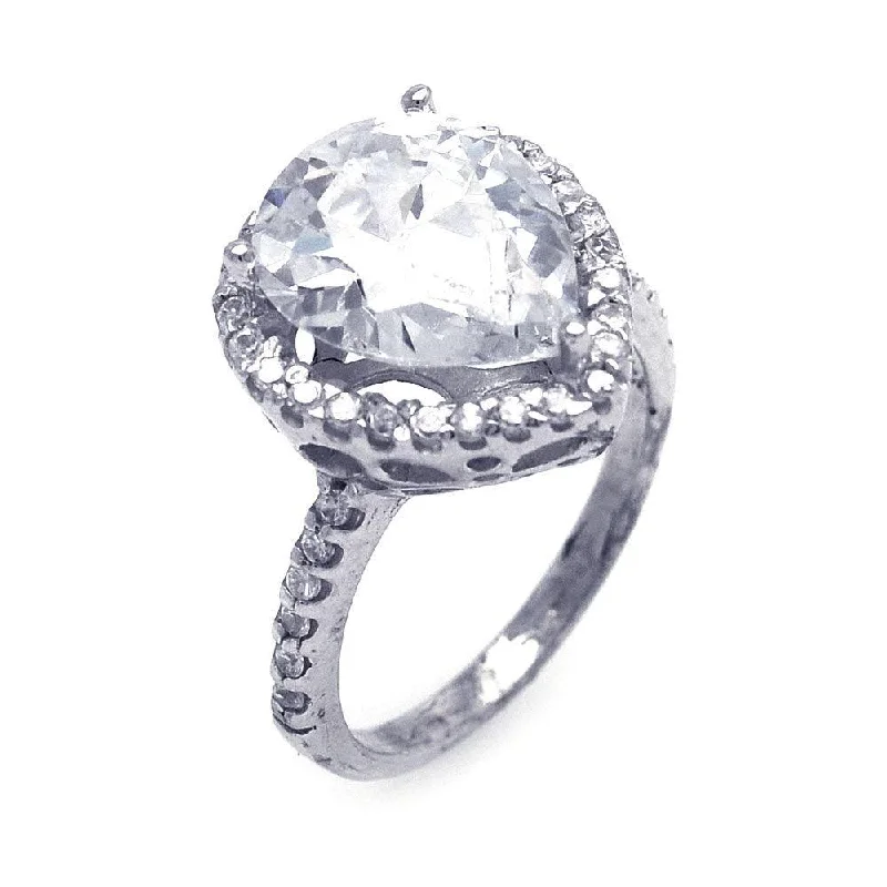 Ladies rings classic looks-Silver 925 Rhodium Plated Clear Pear Center and Cluster CZ Ring - STR00386CLR