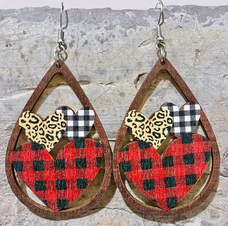 Ladies rings engagement picks-Wooden Plaid Heart Teardrop Earrings