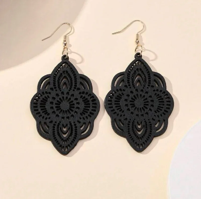 Ladies rings gold-plated-Black Bohemian Hollow Out Drop Earrings