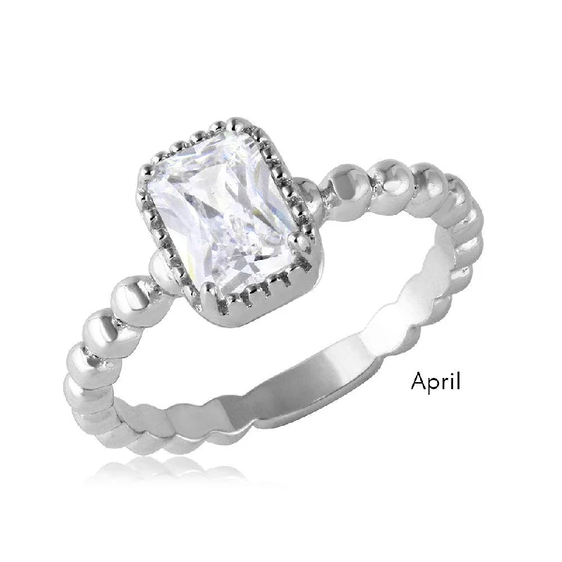 Ladies rings floral designs-April Sterling Silver 925 Rhodium Plated Beaded Shank Square Center Birthstone Ring - BGR01081APR