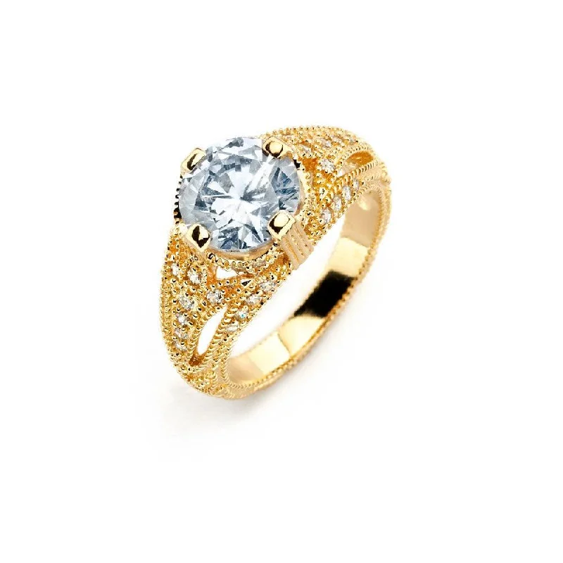 Ladies rings cute accents-Silver 925 Gold Plated Clear Center CZ Bridal Ring - BGR00740