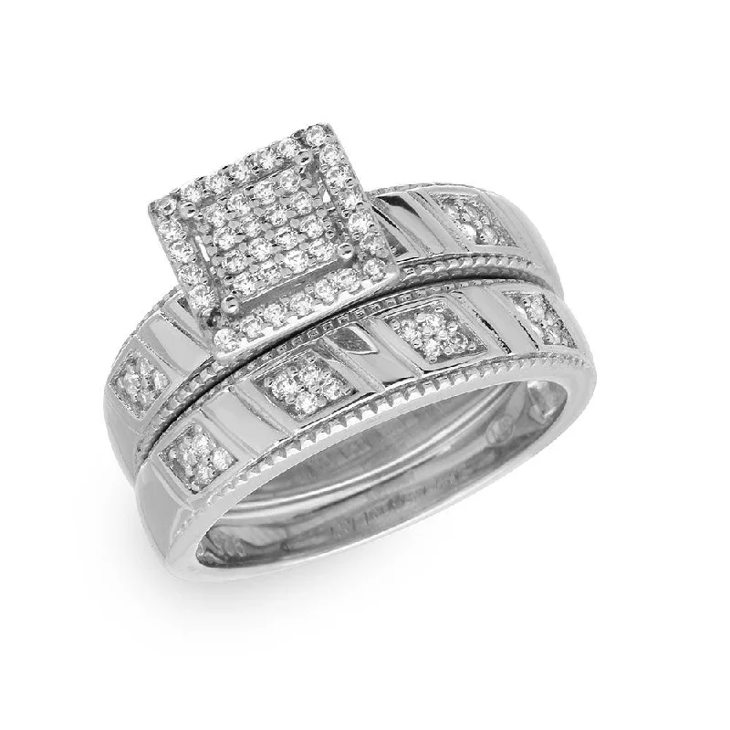 Ladies rings limited editions-Silver 925 Rhodium Plated Square Pave Center Trio Bridal Ring - GMR00158