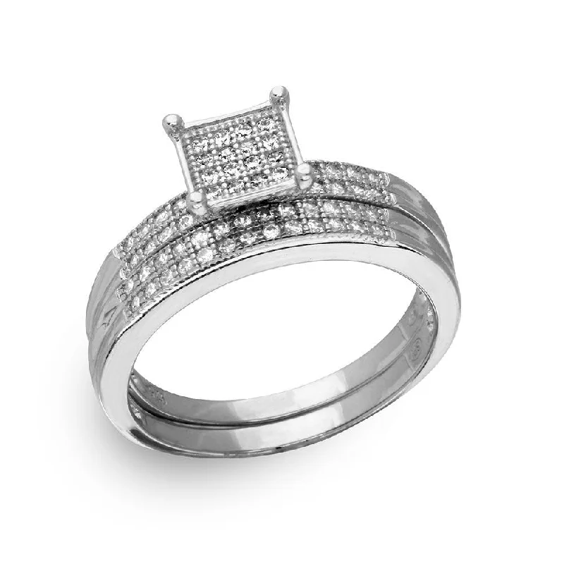 Ladies rings modern styles-Silver 925 Rhodium Plated Square Pave Center Trio Bridal Ring - GMR00170