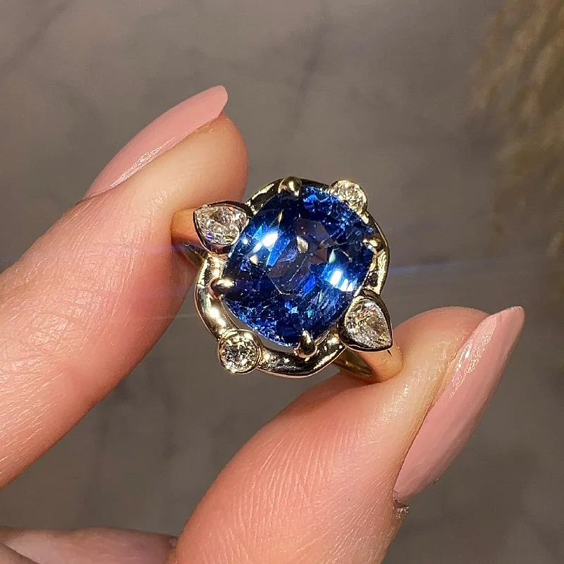 Ladies engagement rings modern flair-"Miranda" Art Deco Star Blue Cushion Cut Diamond Engagement Ring