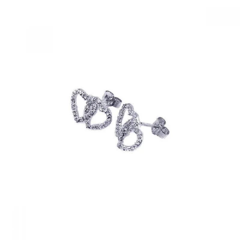 Ladies rings engraved names-Silver 925 Rhodium Plated Two Heart CZ Post Earrings - STE00216