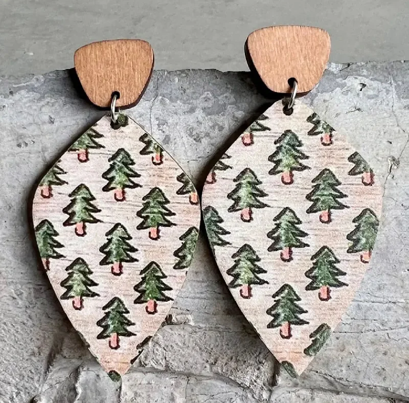 Ladies rings viral picks-Wooden Christmas Tree Drop Earrings