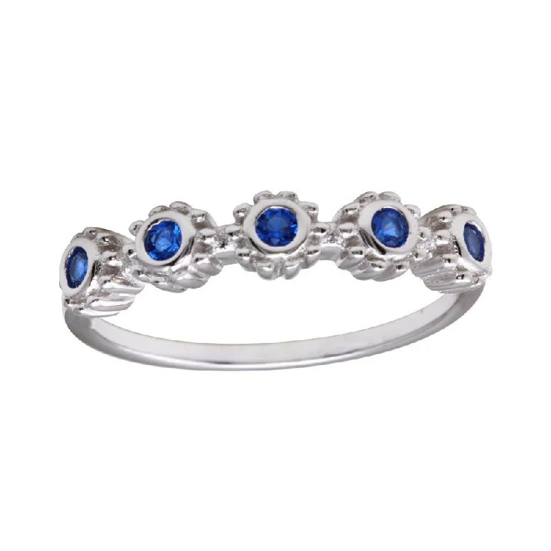 Ladies rings age suitability-Rhodium Plated 925 Sterling Silver 5 Flower Blue CZ Ring - BGR01224BLU