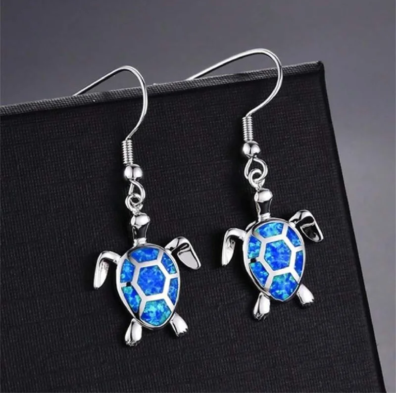 Ladies rings animal themes-Beautiful Silver and Blue Turtle Earrings