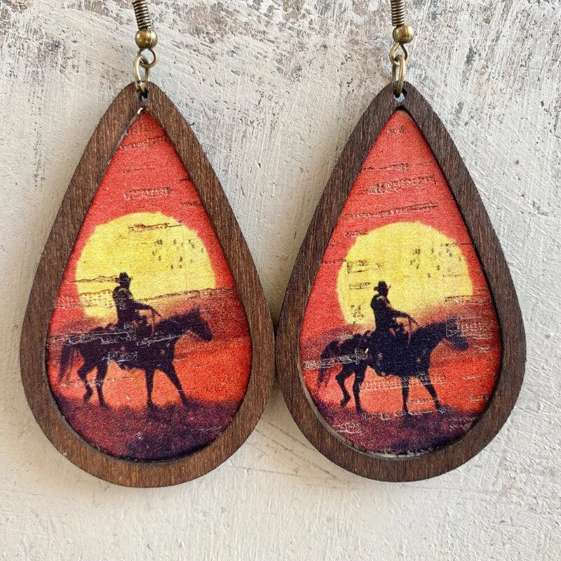 Ladies rings celebrity styles-Drop-shaped Wooden Western Cowboy Earrings