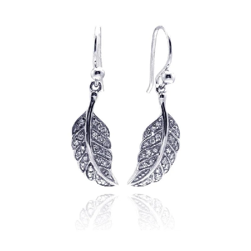 Ladies rings engraved names-Silver 925 Rhodium Plated Curvy Leaf CZ Dangling Hook Earrings - STE00542