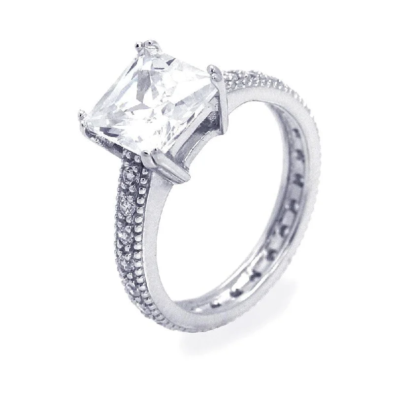 Ladies rings affordable finds-Silver 925 Rhodium Plated Princess Cut Center CZ Ring - STR00661