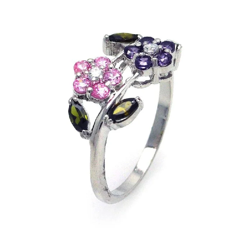 Ladies rings online shopping-Silver 925 Rhodium Plated Multi Colored CZ Flower Ring - STR00509