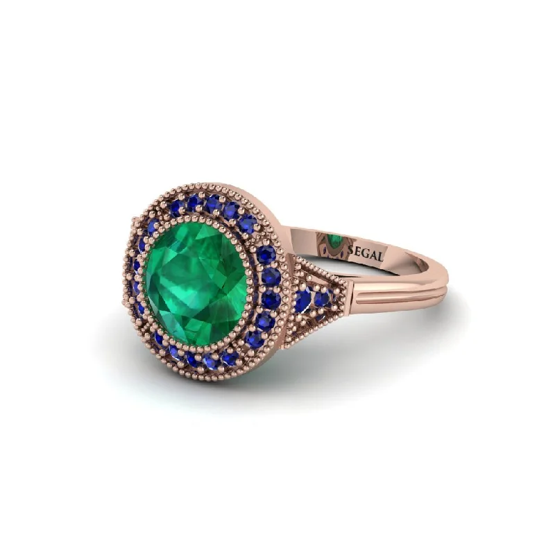 Ladies engagement rings store locations-Round Cut Emerald Milgrain Halo Engagement Ring - Maggie No. 65