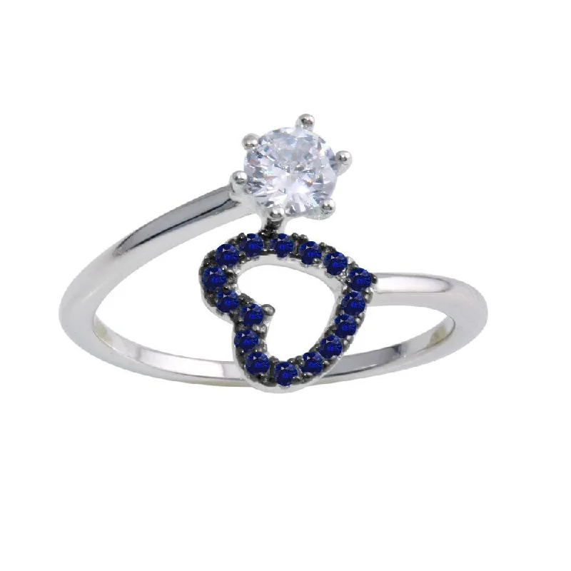 Ladies rings price options-Rhodium Plated 925 Sterling Silver Open Heart Ring with Blue and Clear CZ - BGR01221BLU