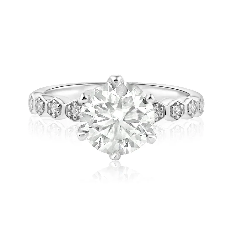 Ladies rings hypoallergenic-Rhodium Plated 925 Sterling Silver 2 Carat Round Moissanite and Clear CZ Ring - MBGR00006