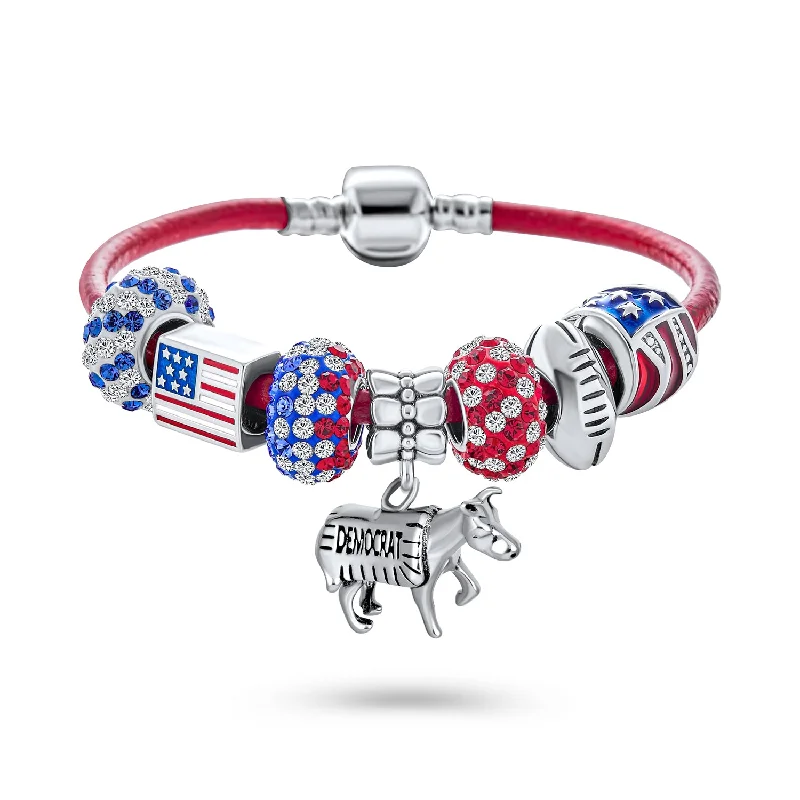 Ladies bracelets hypoallergenic-Patriotic USA Charm Bracelet with GOP Elephant & Democrat Donkey Beads Red Leather