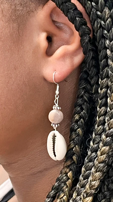 Ladies rings stacking trends-Moonstone and Cowrie Shell Sterling Silver Hook Earrings