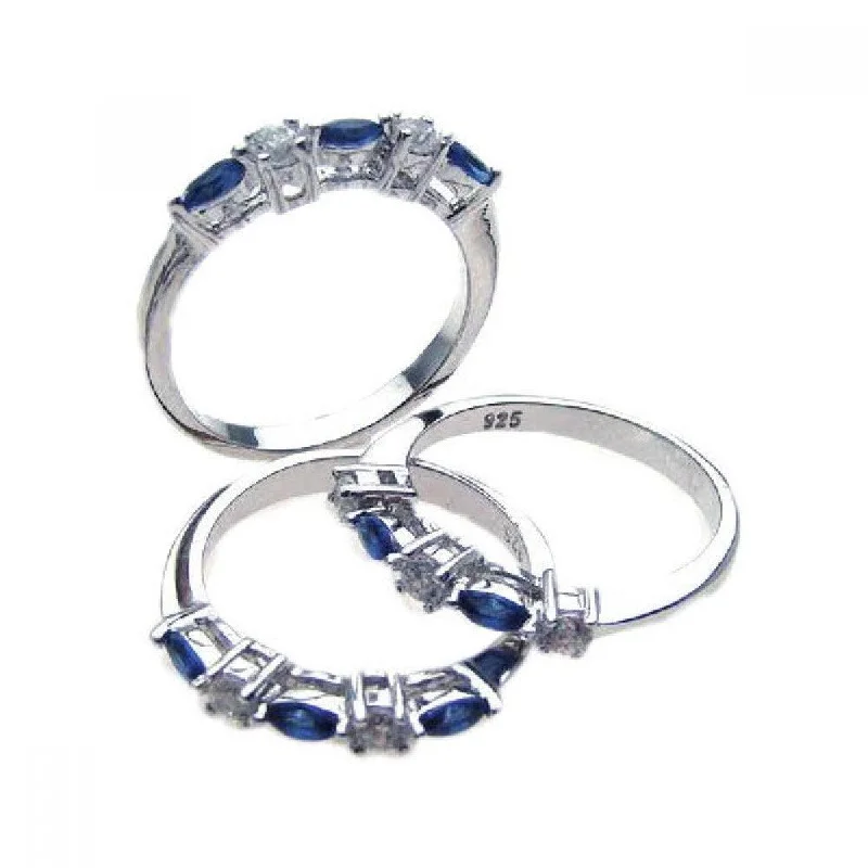 Ladies rings social media trends-Silver 925 Rhodium Plated Blue and Clear CZ Ring Set - STR00510