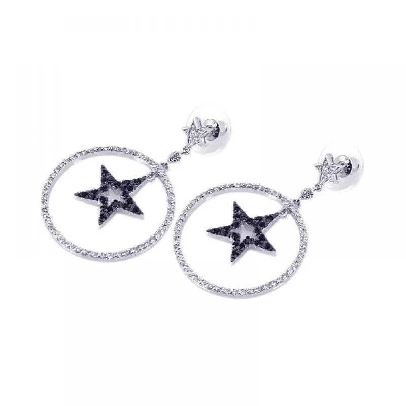 Ladies rings sister sets-Clearance-Silver 925 Black and Silver Rhodium Plated Open Circle Star CZ Dangling Earrings - BGE00072