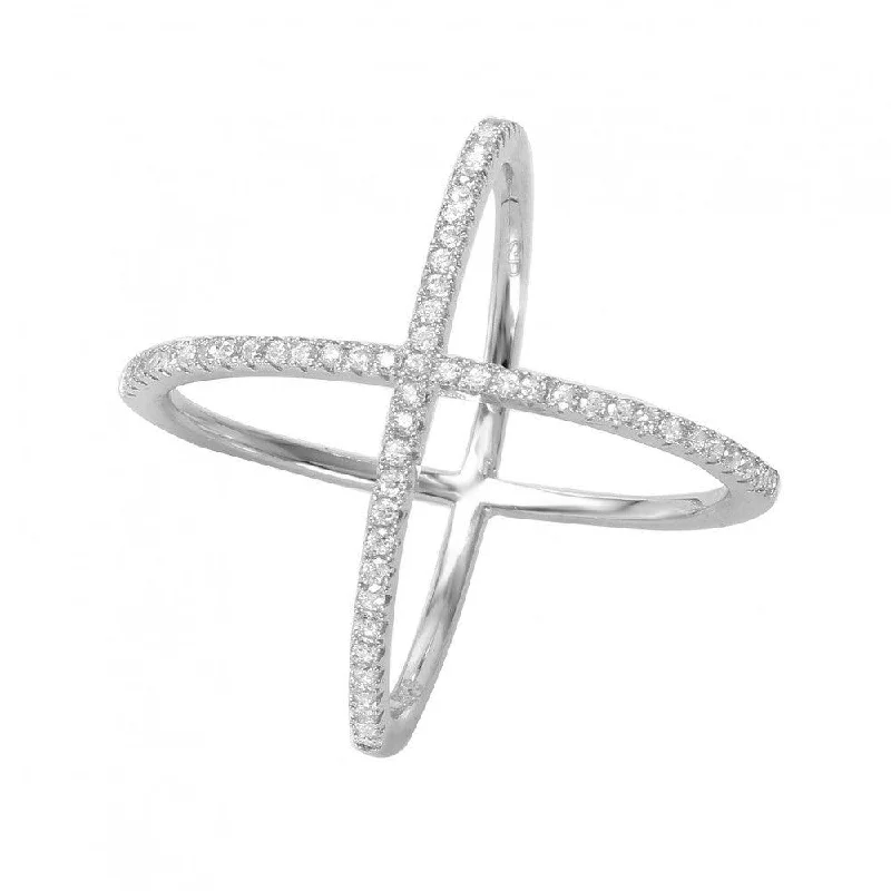 Ladies rings youthful charm-Silver 925 Rhodium Plated 4 Way CZ Cross Ring - GMR00039