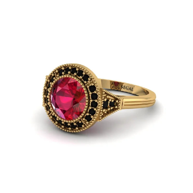 Ladies engagement rings vintage-inspired-Round Cut Ruby Milgrain Halo Engagement Ring - Maggie No. 40