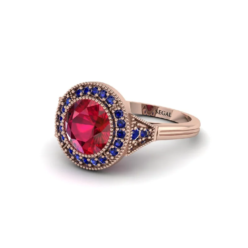 Ladies engagement rings small diamonds-Round Cut Ruby Milgrain Halo Engagement Ring - Maggie No. 71