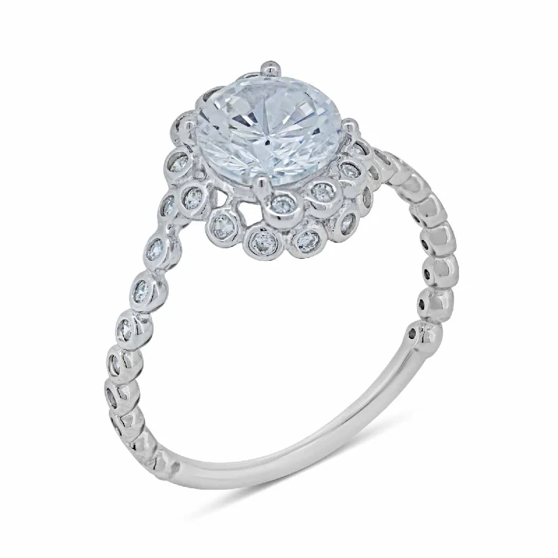 Ladies rings star accents-Silver 925 Rhodium Plated Bubble Shank Round Center CZ Ring - BGR01038