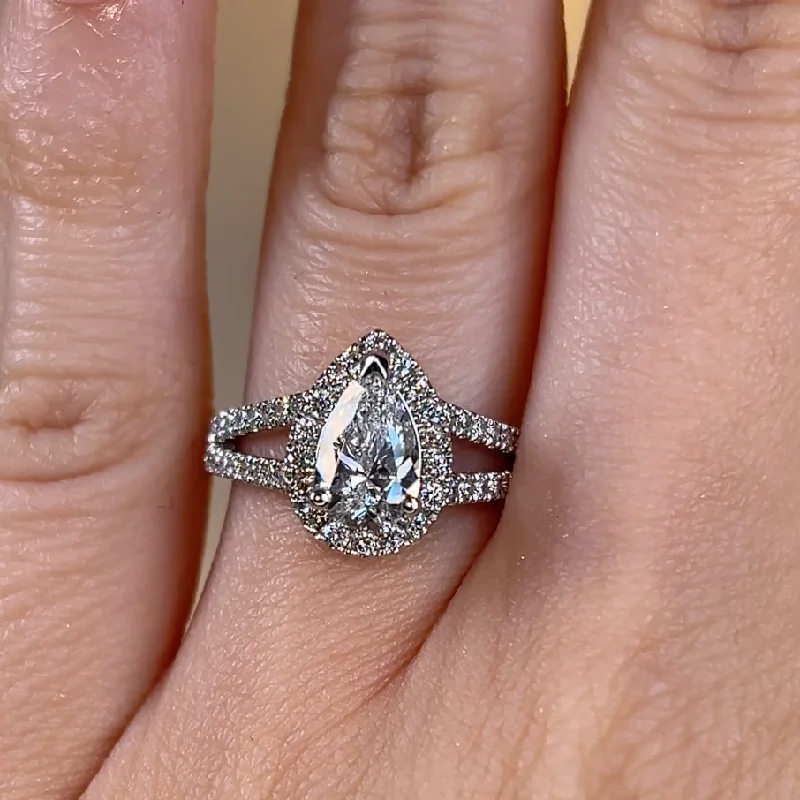 Ladies engagement rings statement pieces-"Cresta" Halo Pear Cut Split-Shank Diamond Shoulder Engagement Ring