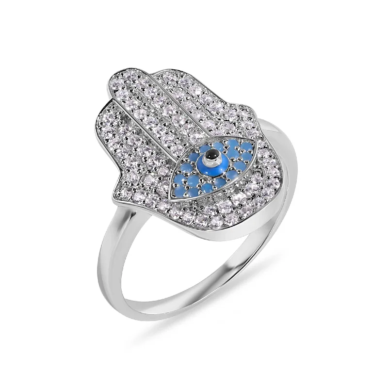 Ladies rings sale offers-Rhodium Plated 925 Sterling Silver Hamsa Evil Eye Clear Turquoise CZ Studded 18.6mm Ring - GMR00409