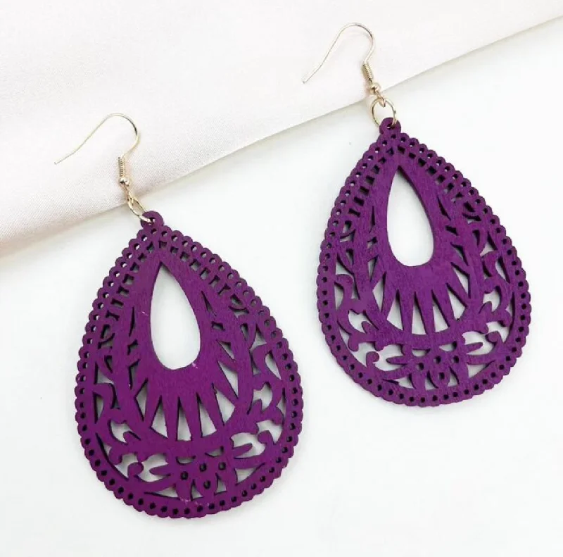 Ladies rings handmade crafts-Beautiful Purple Wooden Drop Earrings